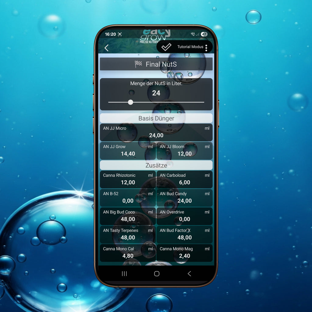 Das Final NutS Interface der eacygrow App zur präzisen Dosierung der Nährlösung – Berechnet basierend auf der eingegebenen Wassermenge sofort die exakten Düngeranteile für ein fehlerfreies Mischverhältnis ohne Rätselraten.