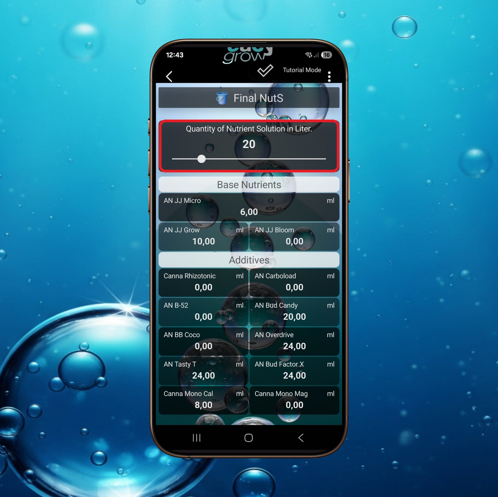 The Final NutS interface of the eacygrow app for precise dosing of the nutrient solution – immediately calculates the exact fertilizer proportions based on the amount of water entered for an error-free mixing ratio without guesswork.