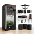 Indoor grow tent with LED light, ventilation fan, control panel, carbon filter, hanging accessories, and fabric pots