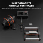 Smart grow kit with black controller, cylindrical ventilation fan, cables, and rectangular LED grow light panel