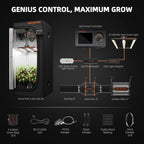 Indoor grow tent with plants, smart controller, bar grow light, humidity sensor, inline fan, ducting, and accessories