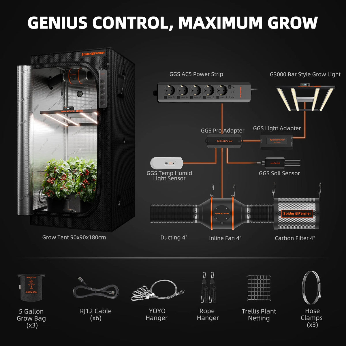 Indoor grow tent with plants, LED light, power strip, sensors, inline fan, carbon filter, and hanging accessories