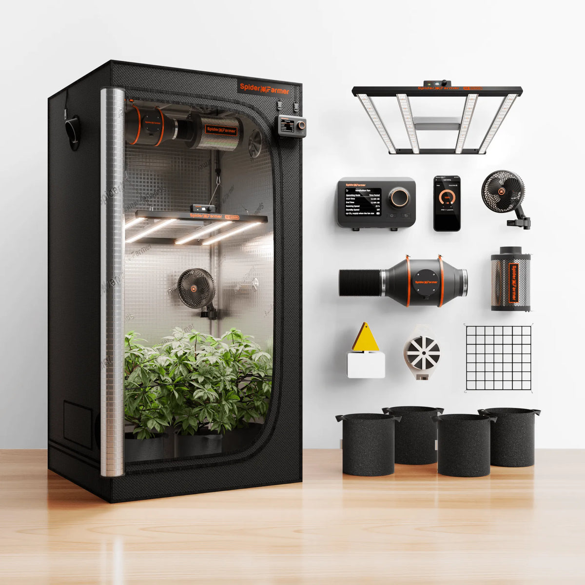 Spider Farmer G3000 WiFi Smart Komplettset grow tent in black with metal frame and app controlled GGS controller