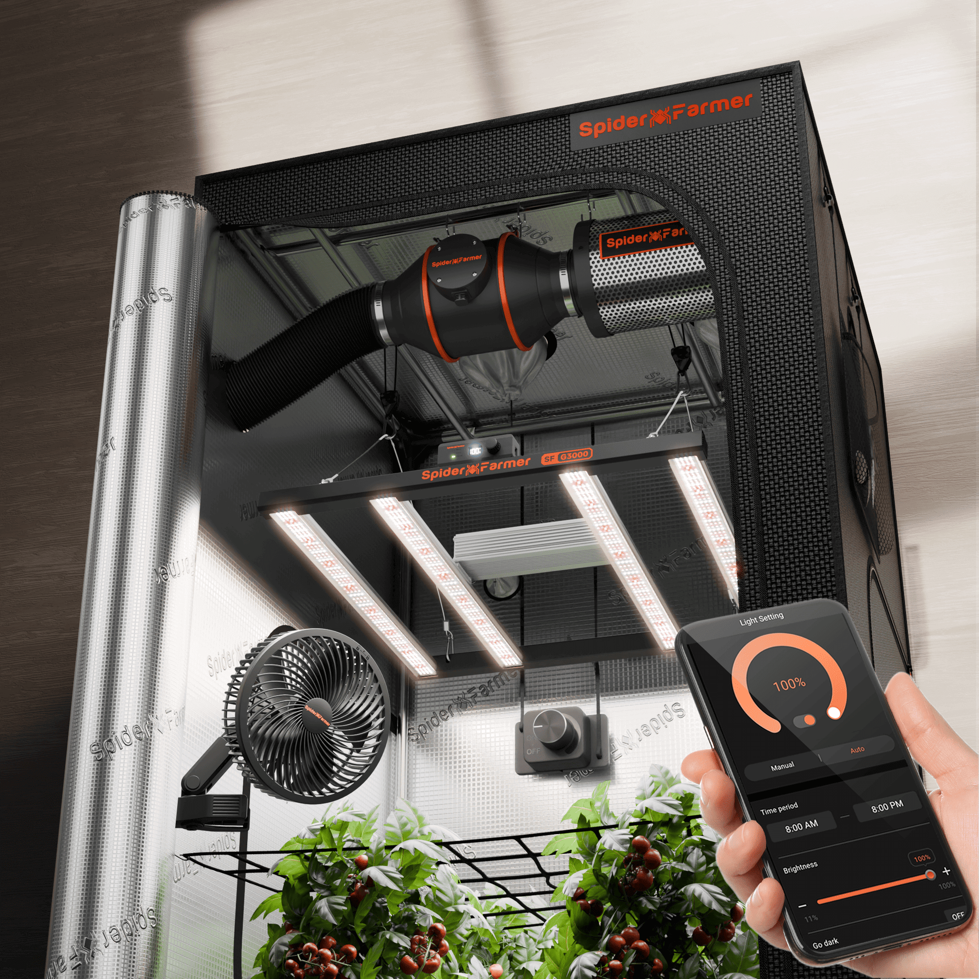 Spider Farmer G3000 Smart Komplettset 90x90x180cm mit App-Steuerung Übersicht.