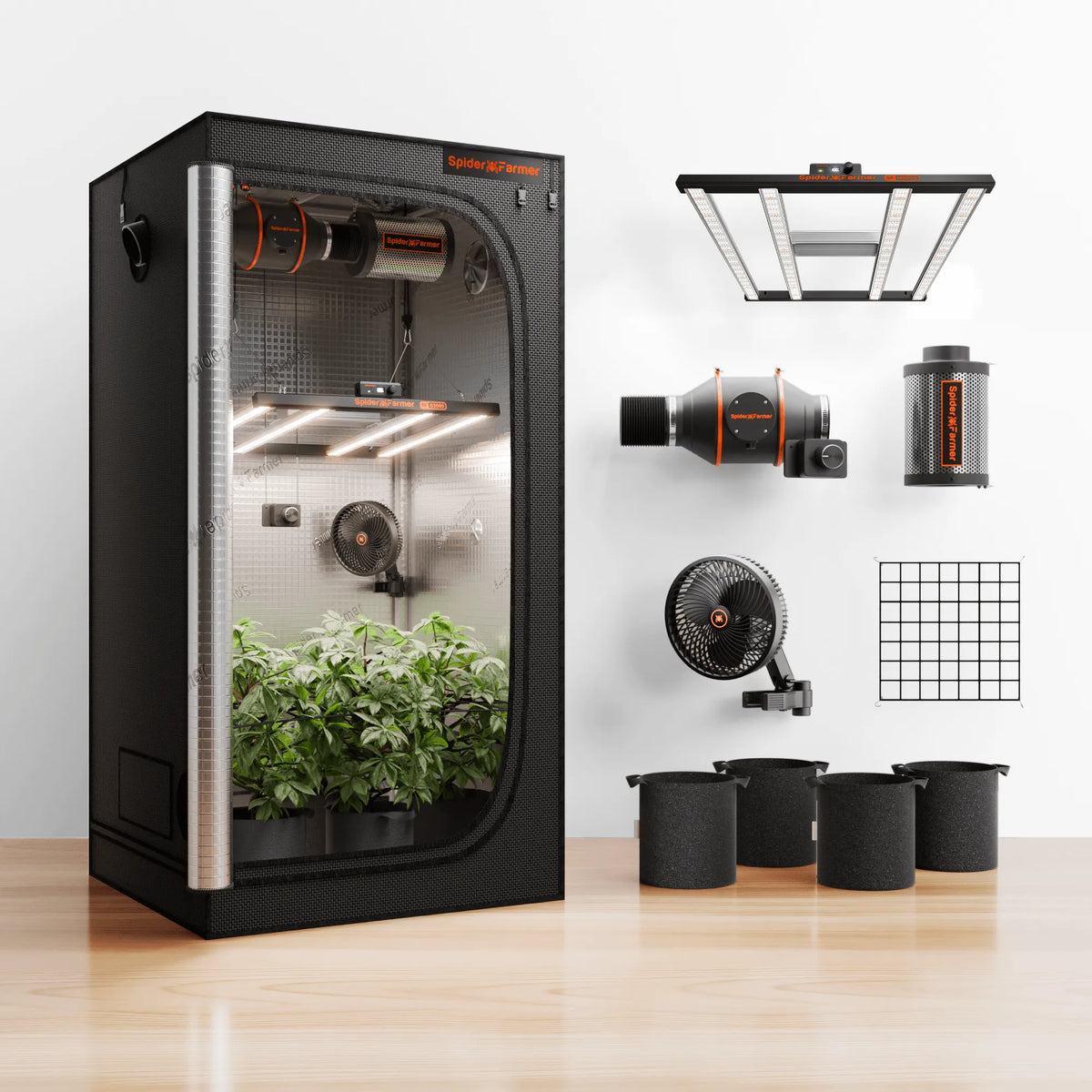 Spider Farmer G3000 WiFi Komplettset 90x90x180cm grow tent with black metal frame and LED grow lights