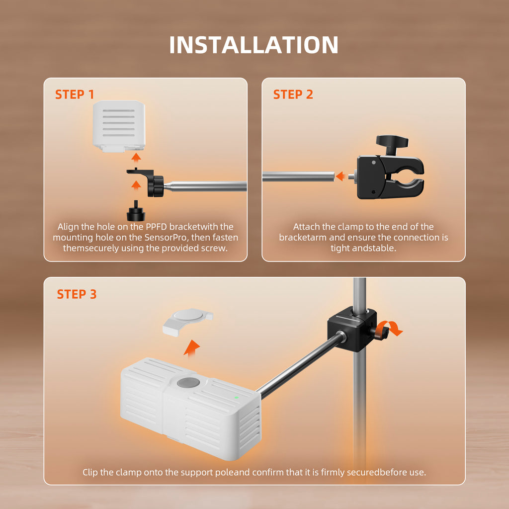 5-in-1 Umweltsensor installiert an einer Grow-Zelt Stange.