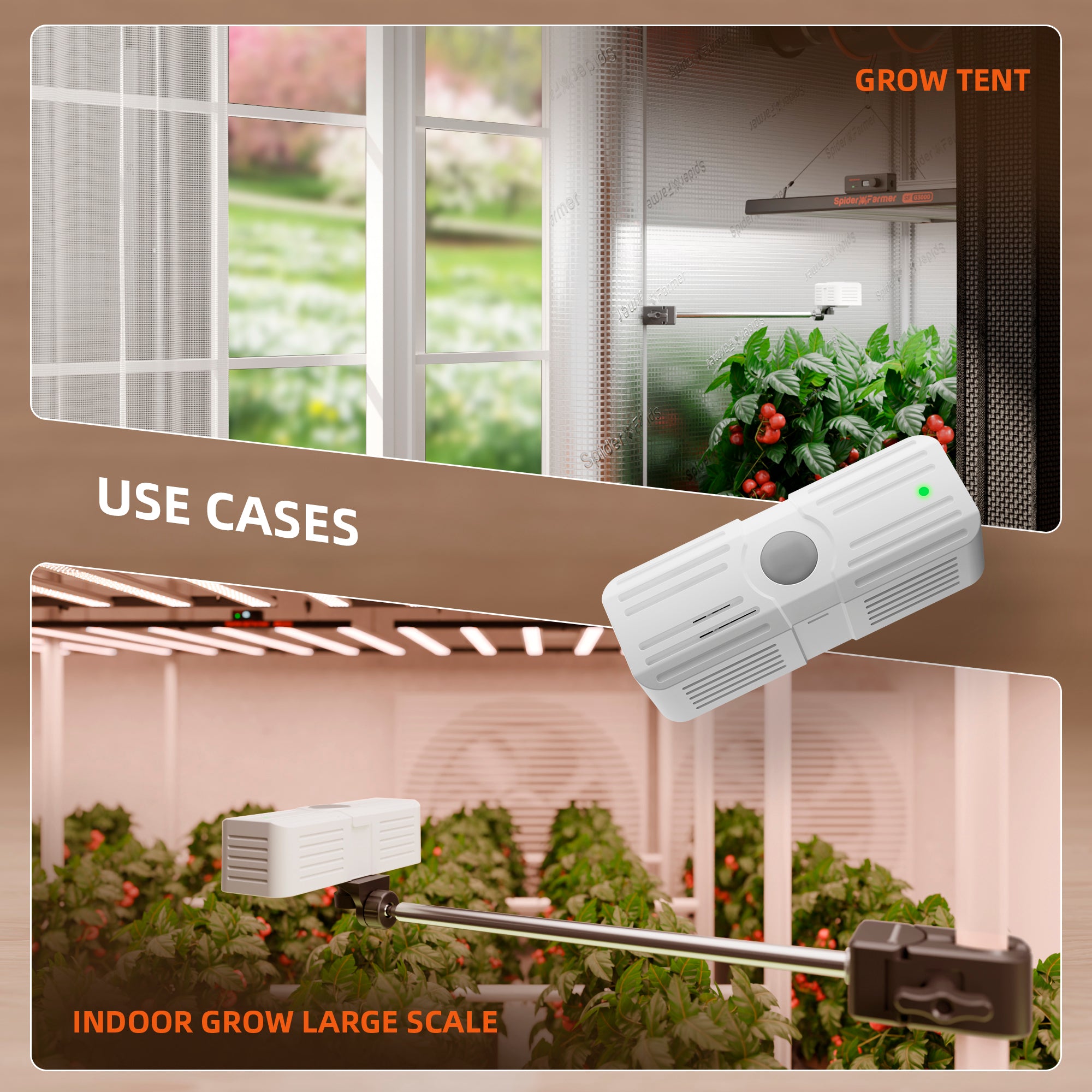 5-in-1 Umweltsensor installiert an einer Grow-Zelt Stange.