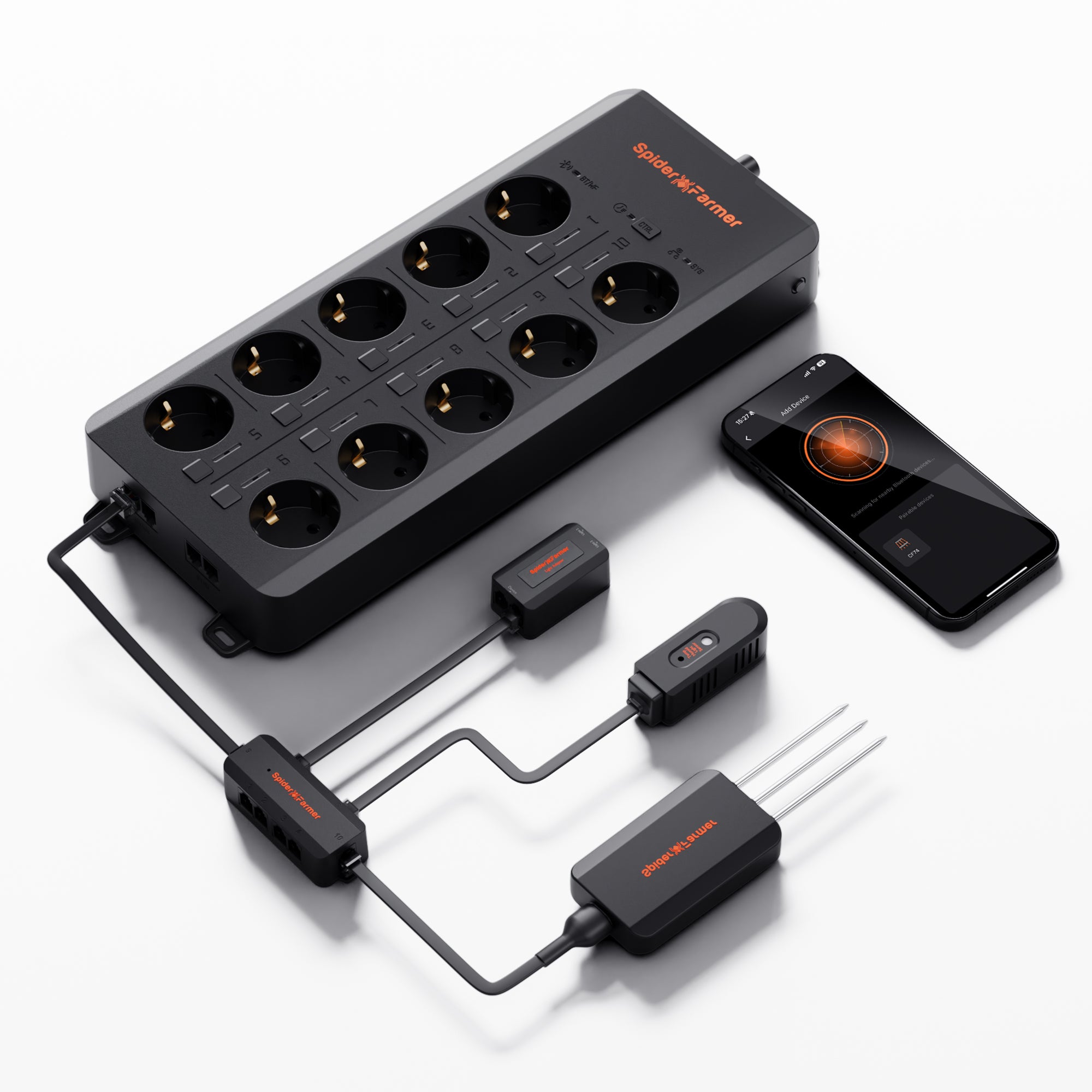 Spider Farmer GGS AC10 Steckdosenleisten-Kit – Umfassendes Smart-Garden-System mit Bodensensor, Klimasensor und GGS-Steuereinheit für vollautomatisierte Indoor-Gärten.