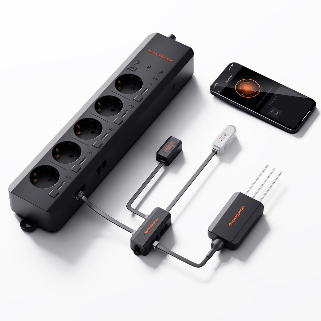 Black Spider Farmer AC5 smart power strip with five individually switchable outlets and integrated climate and floor sensors
