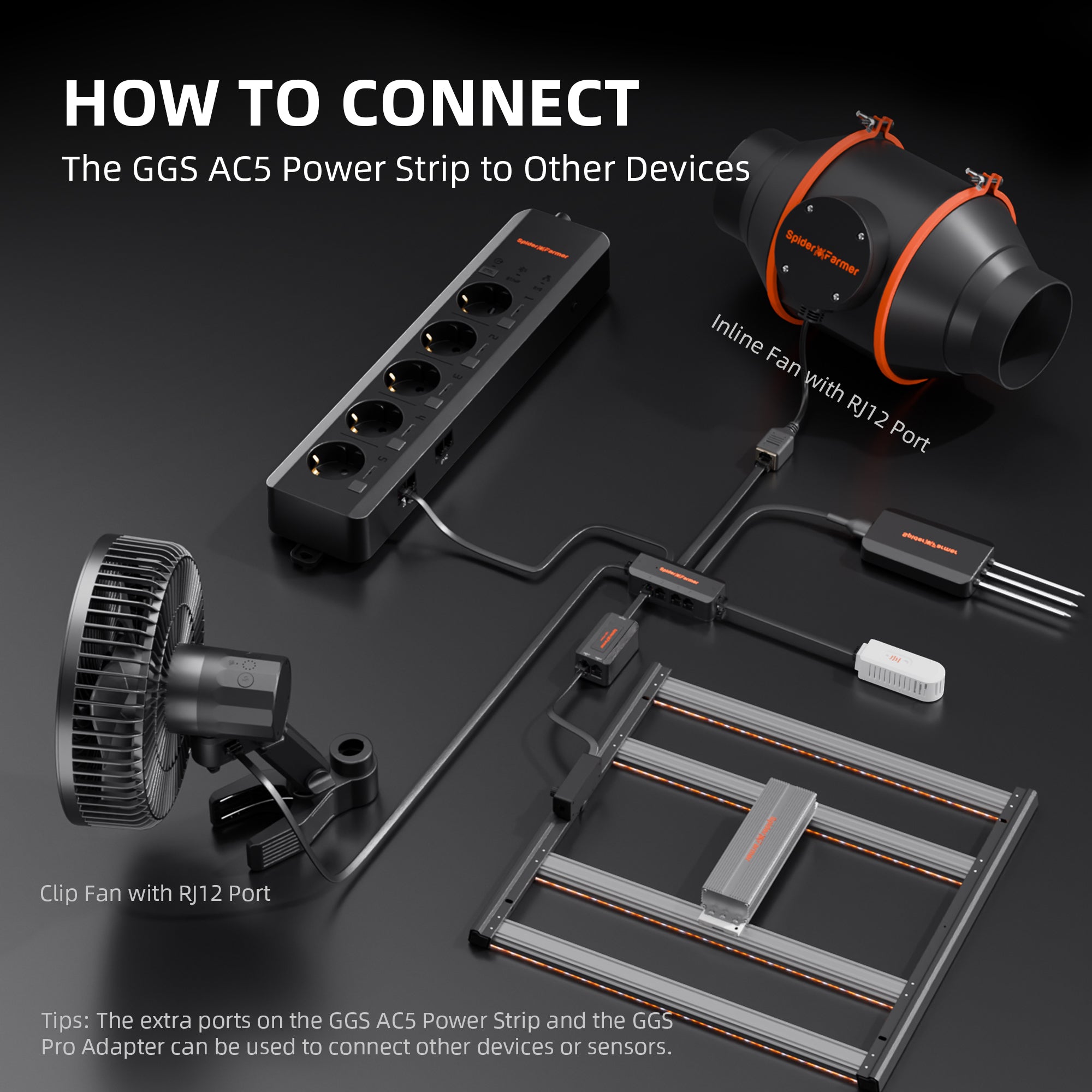 Spider Farmer AC5 smart power strip in matte black with five individually switchable outlets and connected grow equipment