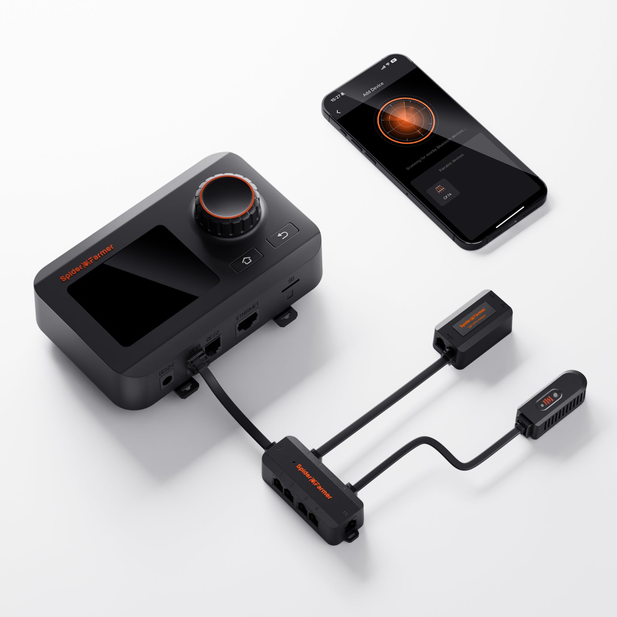 Spider Farmer GGS Klimacontroller-Set – Intelligente Steuerungseinheit mit integriertem Sensor für Temperatur, Luftfeuchtigkeit und VPD zur vollständigen Automatisierung des Growzelt-Klimas.