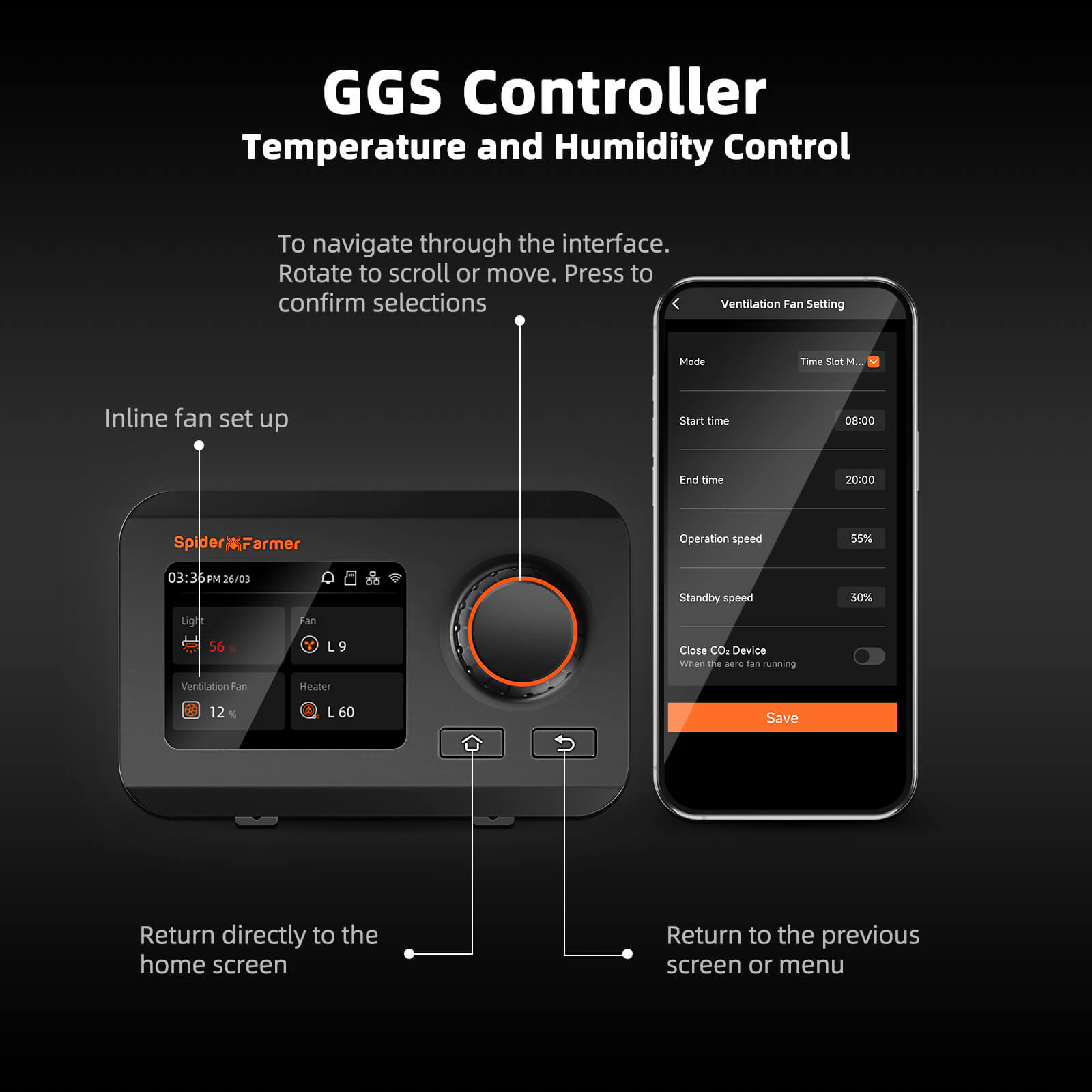 Spider Farmer GGS Controller with digital interface for temperature and humidity control — sleek design featuring an intuitive dial and display.