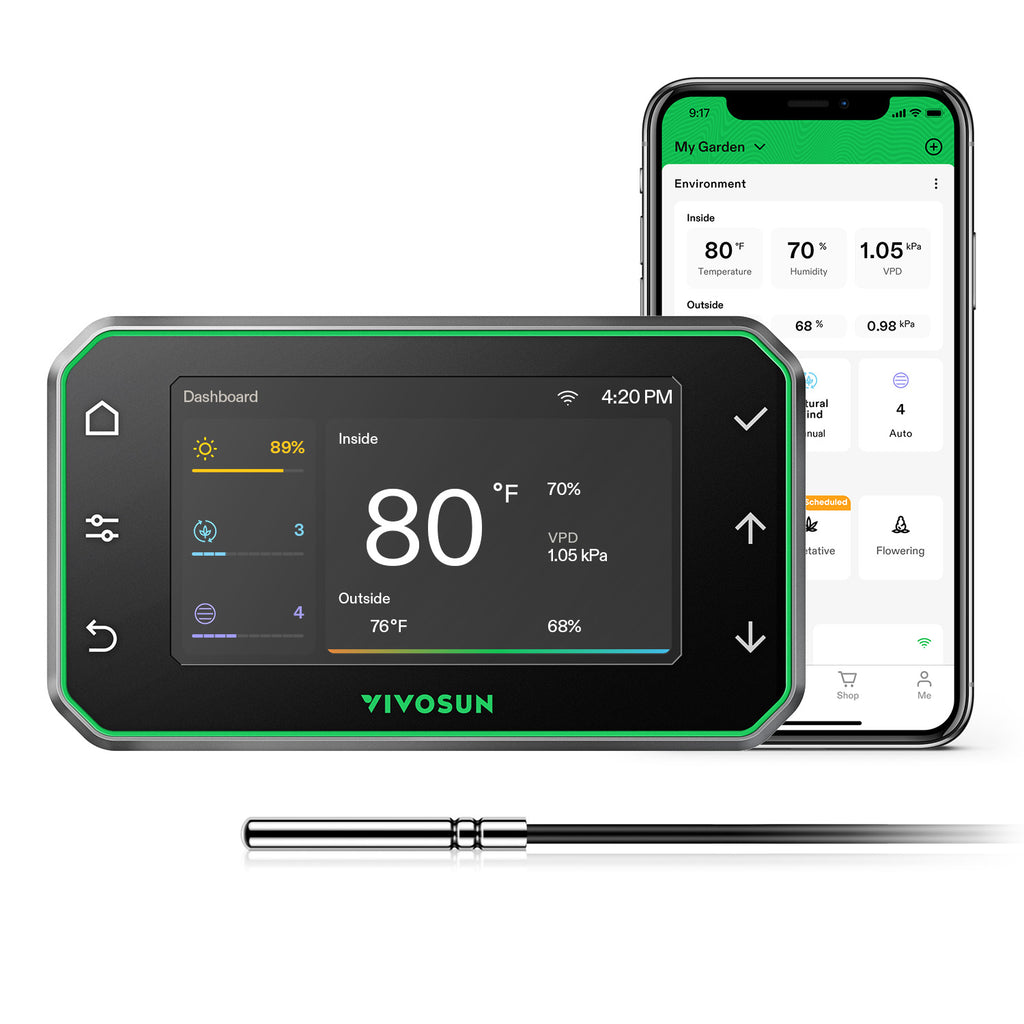 Smart WiFi climate controller by Vivosun in black with green accents, GrowHub dashboard display
