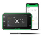 Smart WiFi climate controller by Vivosun in black with green accents, GrowHub dashboard display