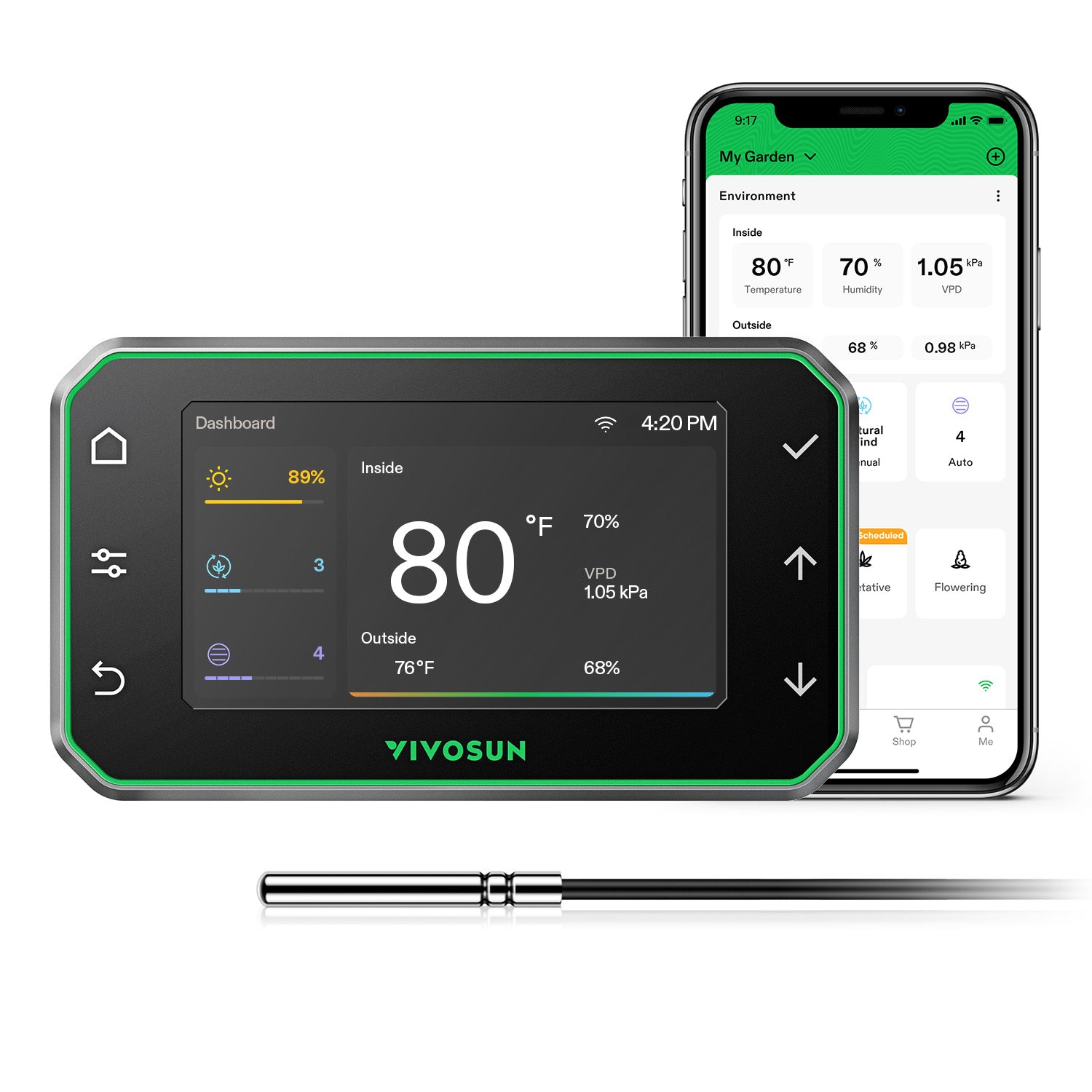 Smart WiFi climate controller by Vivosun in black with green accents, GrowHub dashboard display