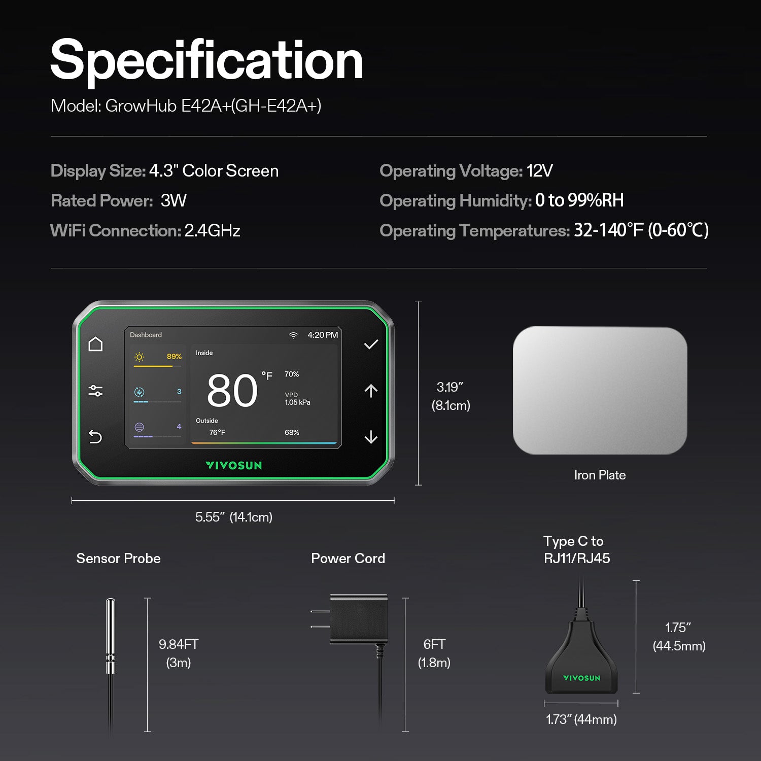 Vivosun GrowHub smart WiFi climate controller, black, with 4.3-inch color screen