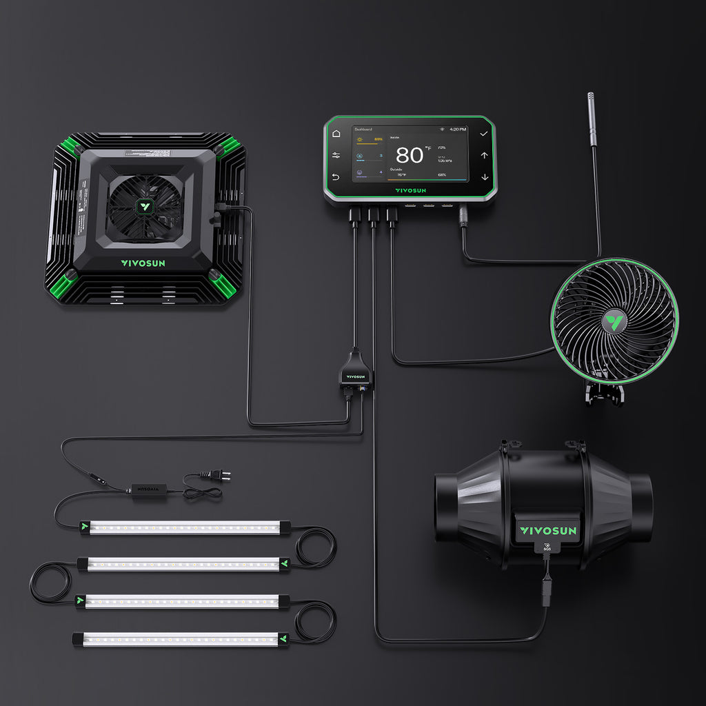Smart WiFi grow climate controller in black with green accents, Vivosun GrowHub Controller with touchscreen display