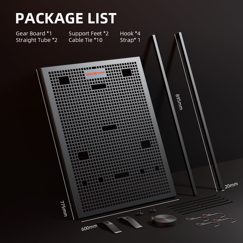 Spider Farmer gear board in sleek black with organized hooks and support feet — perfect for efficient gear storage and display.