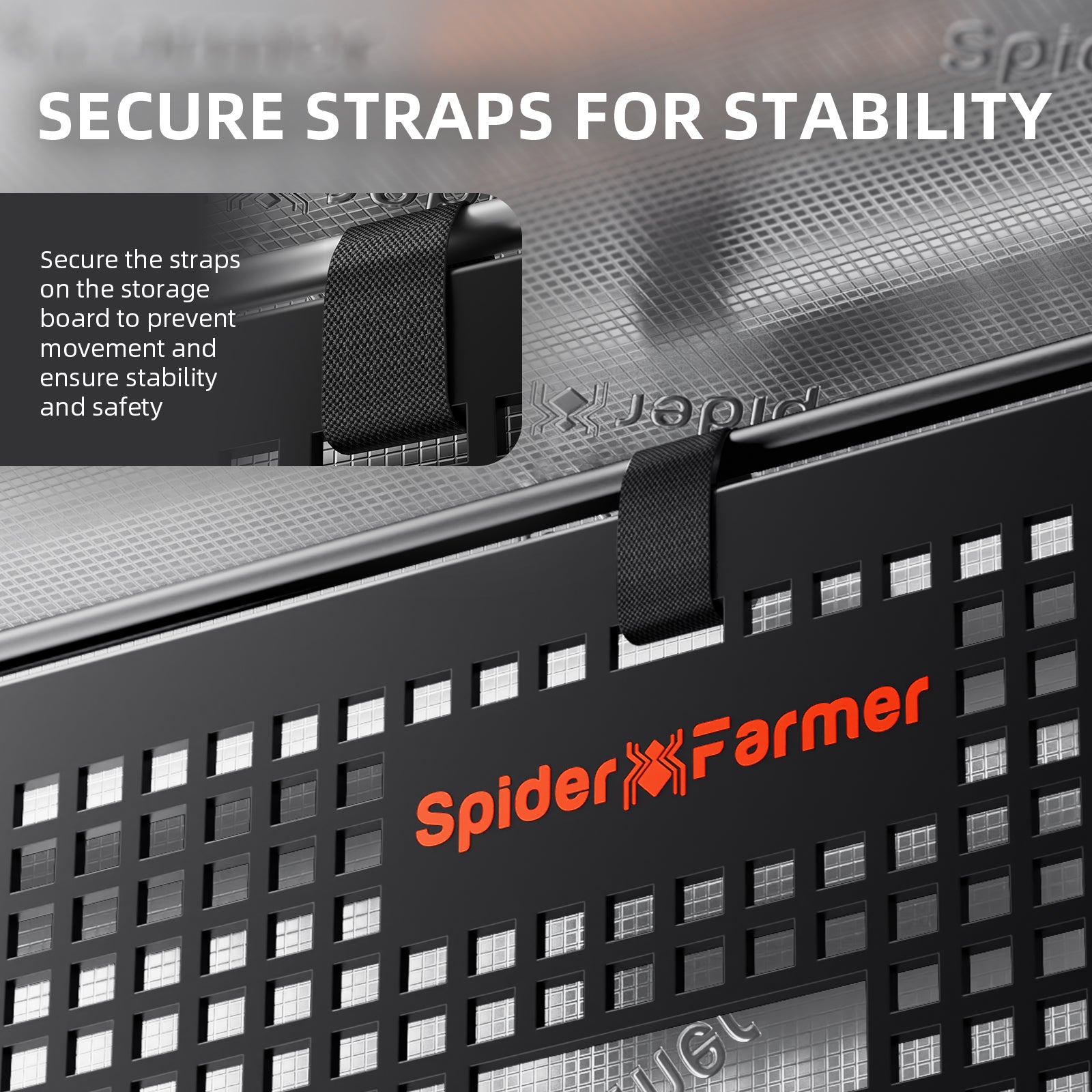 Spider Farmer gear board in sleek black featuring secure straps for stability — ideal for organized storage solutions.