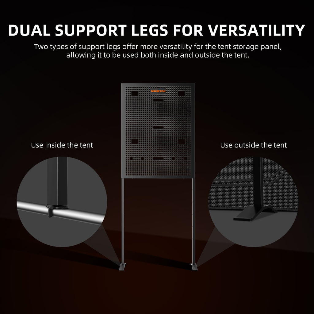 Versatile Spider Farmer gear board with dual support legs in sleek black — designed for use both inside and outside tents.