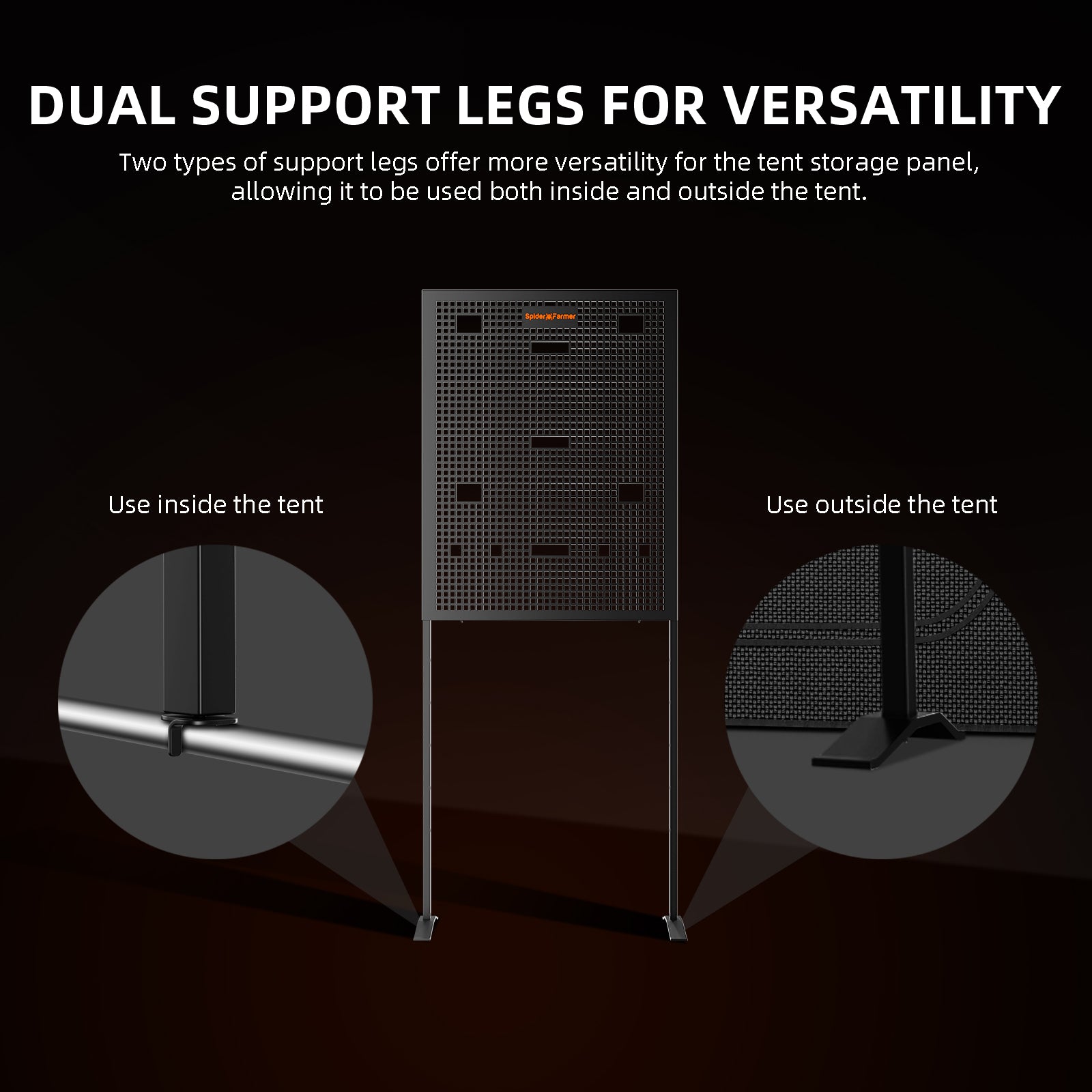 Versatile Spider Farmer gear board with dual support legs in sleek black — designed for use both inside and outside tents.