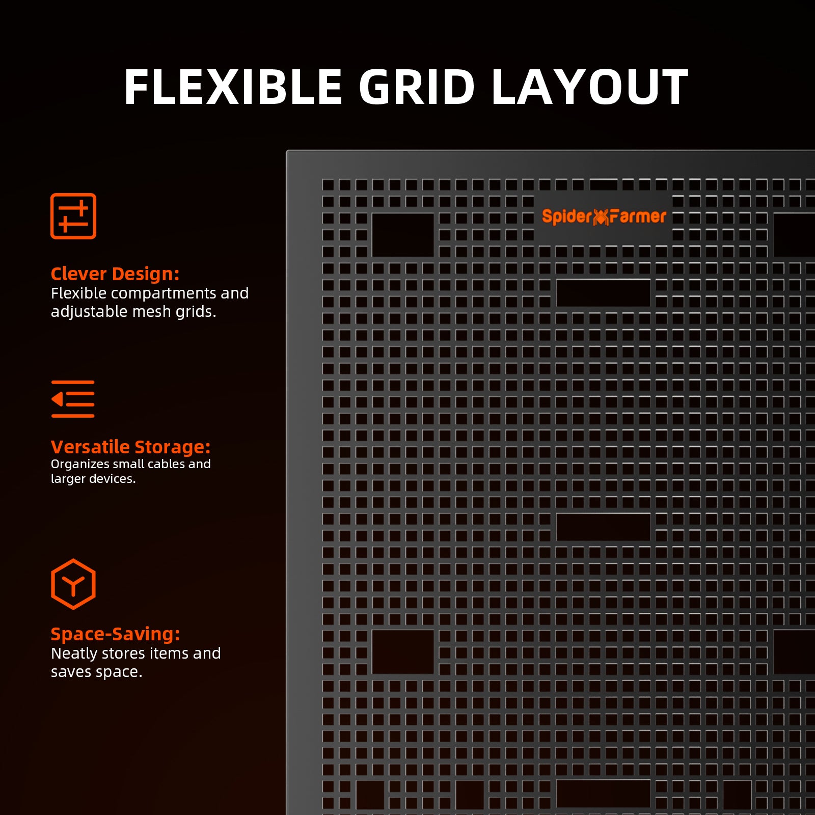 Versatile Spider Farmer gear board in sleek black with adjustable mesh grids — ideal for organizing tools and devices.
