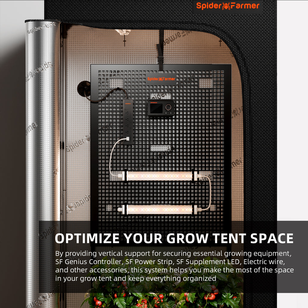 Spider Farmer gear board for organizing equipment in grow tents — features vertical support and LED lighting for optimal space management.
