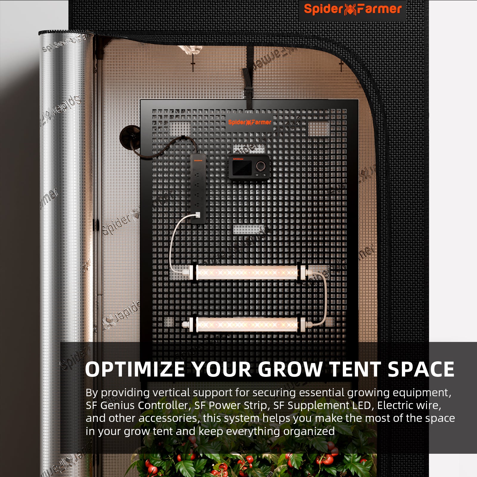 Spider Farmer gear board for organizing equipment in grow tents — features vertical support and LED lighting for optimal space management.