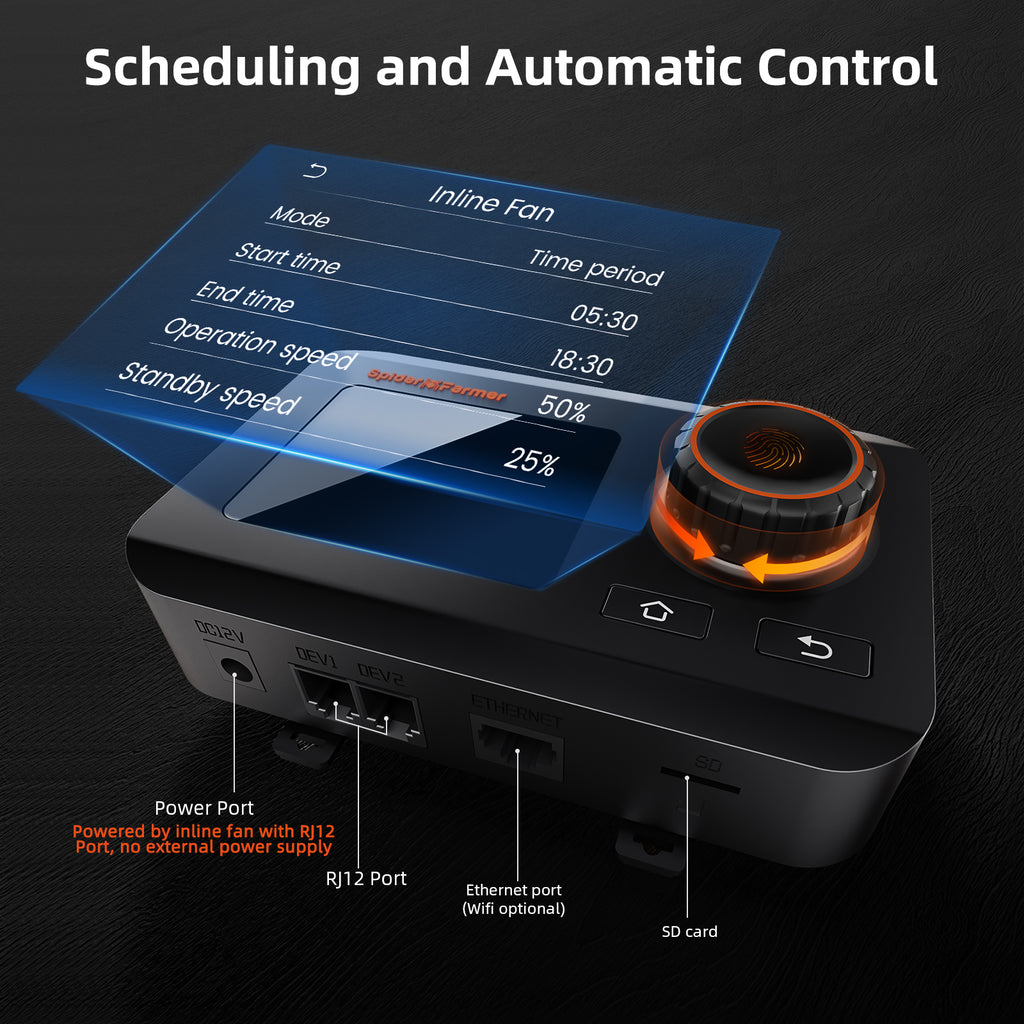 Spider Farmer 150mm inline fan controller with a sleek black finish — featuring an intuitive touchscreen for easy operation.