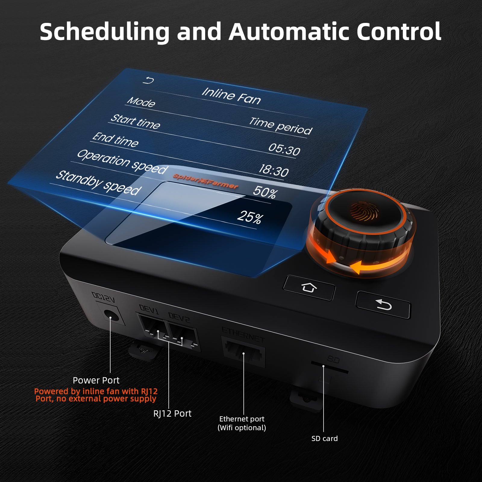 Spider Farmer 100mm inline fan controller with a sleek black finish — features an intuitive touch display for easy scheduling.