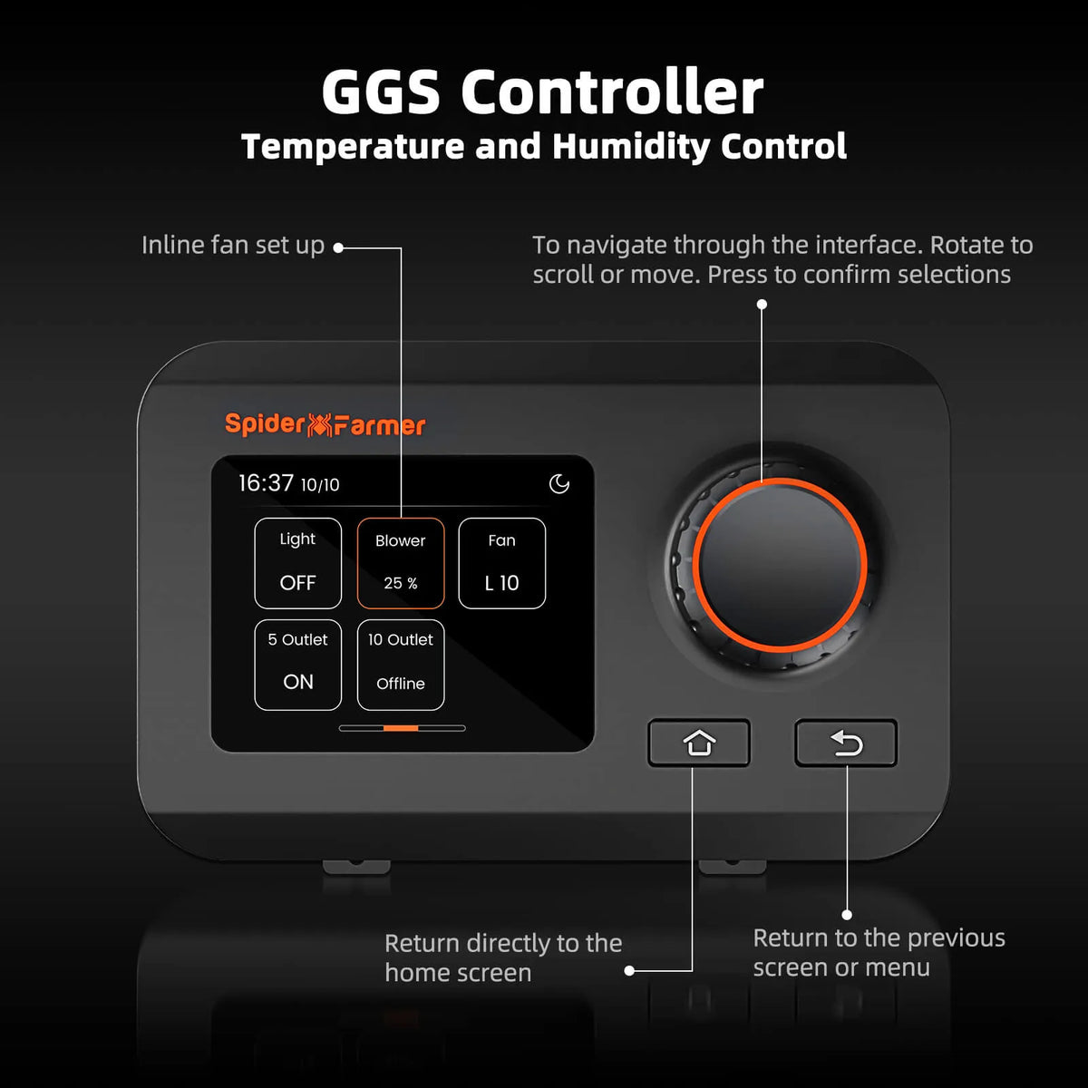 Black GGS controller with orange-edged navigation dial, display showing temperature and humidity controls, and two buttons