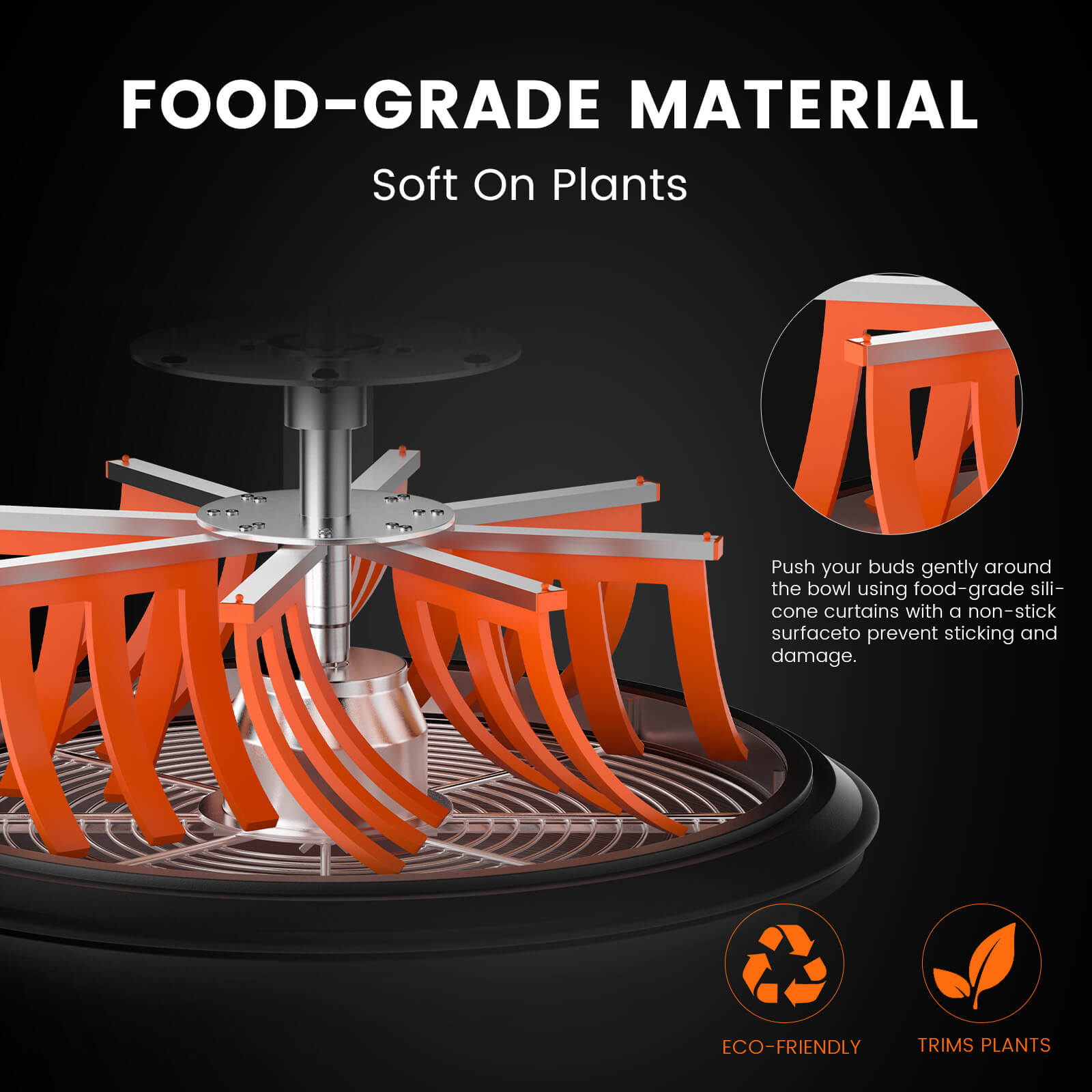 Innenansicht 40 cm Bowl Trimmer mit lebensmittelechten Silikonfingern.