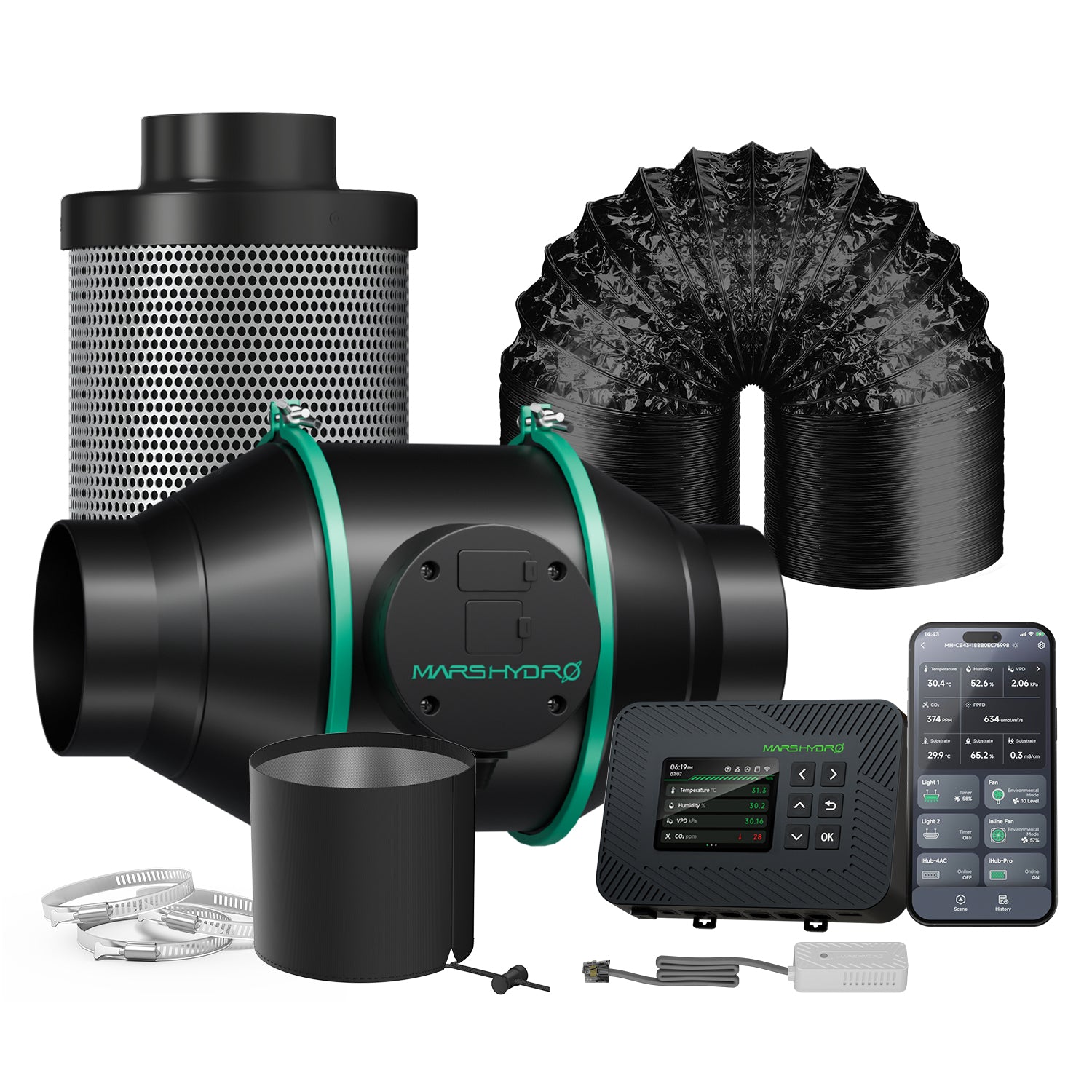 Mars Hydro iFresh 100mm smart ventilation set featuring a sleek black duct fan, filter, and controller with a user-friendly display.
