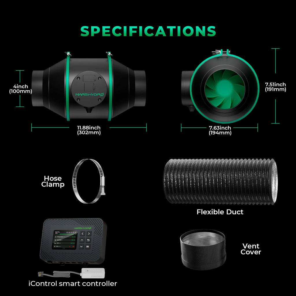 Mars Hydro iFresh 100mm smart ventilation set with a sleek black finish — includes a powerful fan, filter, and controller for optimal airflow.