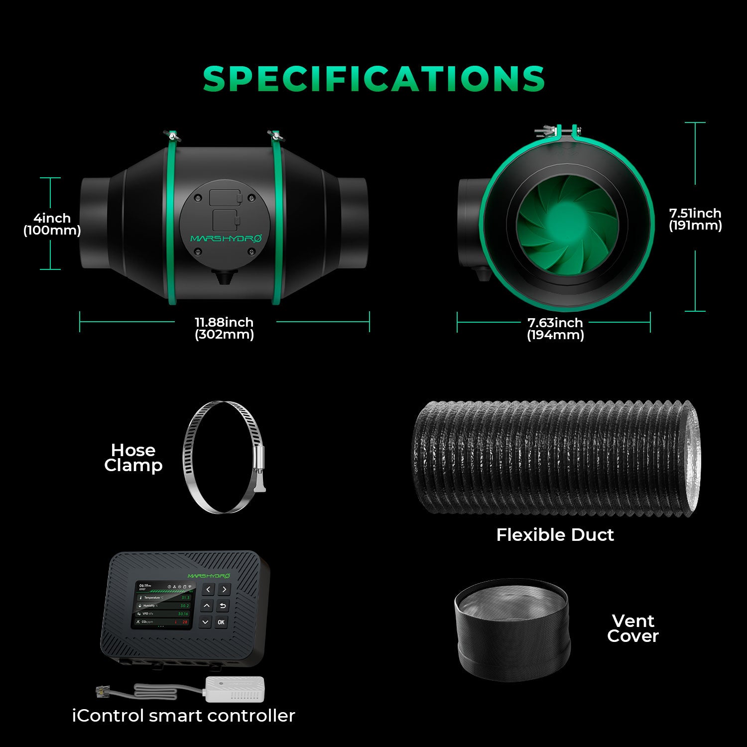 Mars Hydro iFresh 100mm smart ventilation set with a sleek black finish — includes a powerful fan, filter, and controller for optimal airflow.