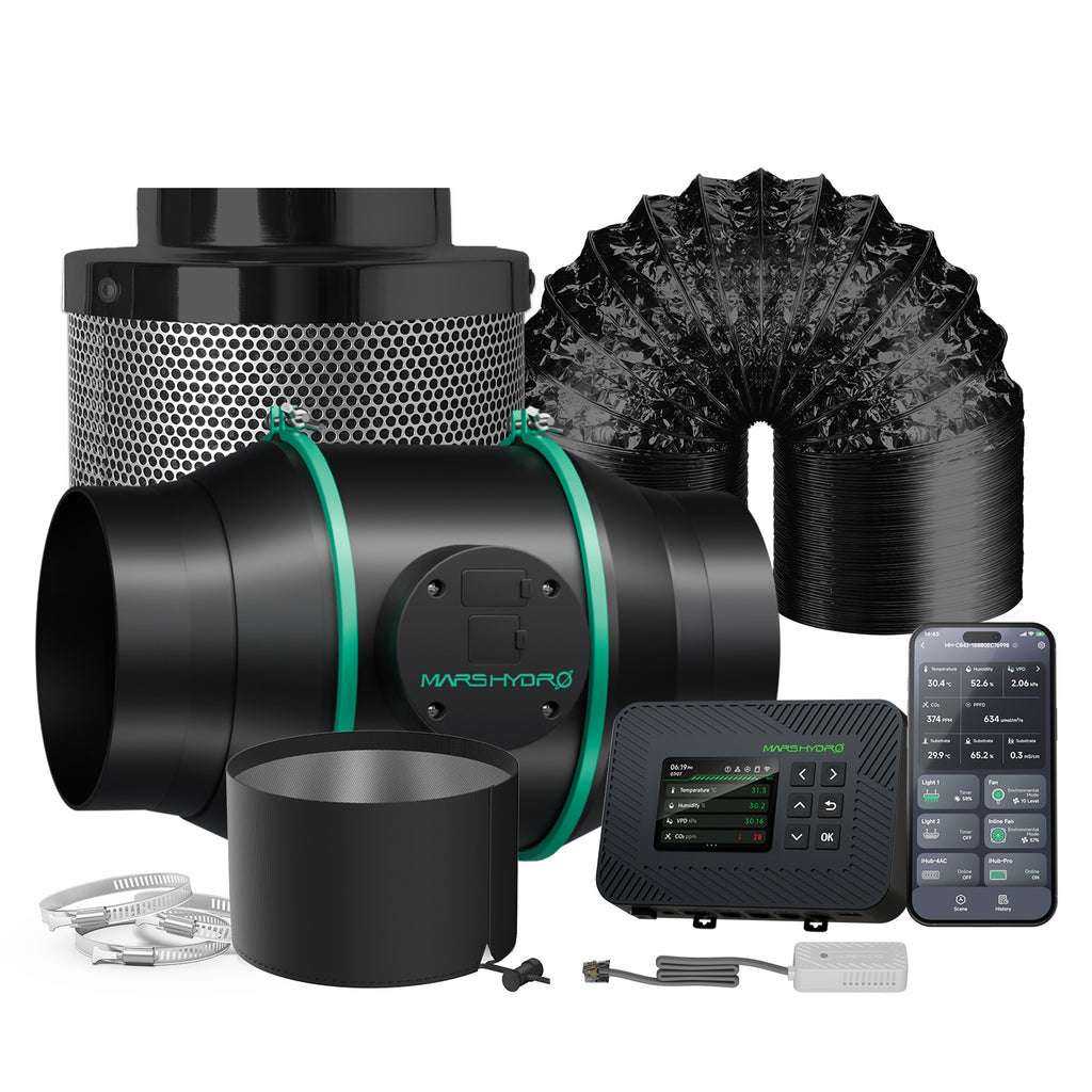Mars Hydro iFresh 150 mm smart ventilation set with a black duct fan, filter, and controller — designed for efficient airflow management.
