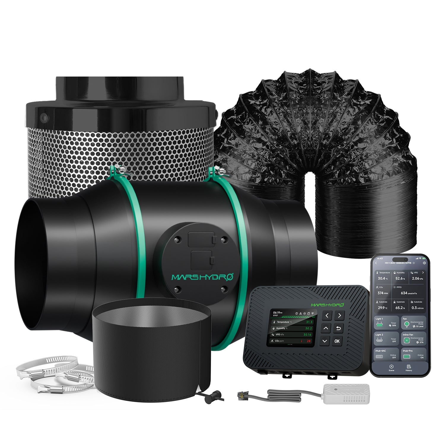 Mars Hydro iFresh 150 mm smart ventilation set with a black duct fan, filter, and controller — designed for efficient airflow management.