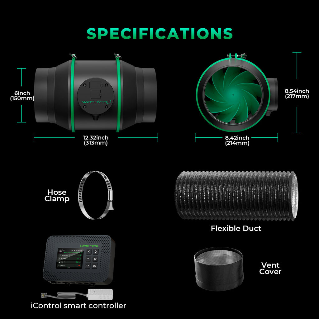 Mars Hydro iFresh 150 mm smart ventilation set featuring a black duct fan with a sleek design — includes a controller for optimal airflow management
