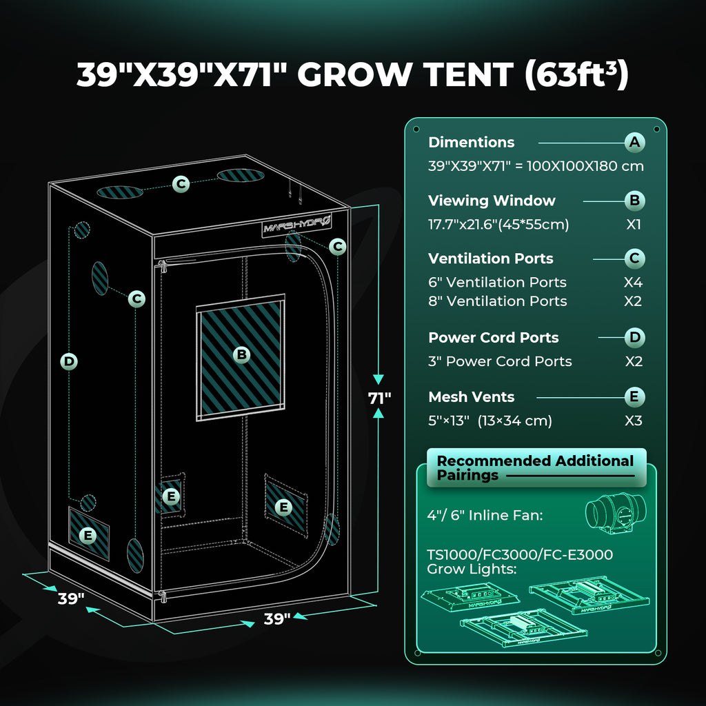 Mars Hydro grow tent pro in durable 2000D Oxford fabric — spacious 100x100x180cm design with multiple ventilation ports