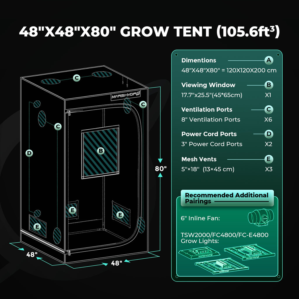 Mars Hydro grow tent in 200D Oxford fabric — spacious 120x120x200cm design with ventilation ports and viewing window
