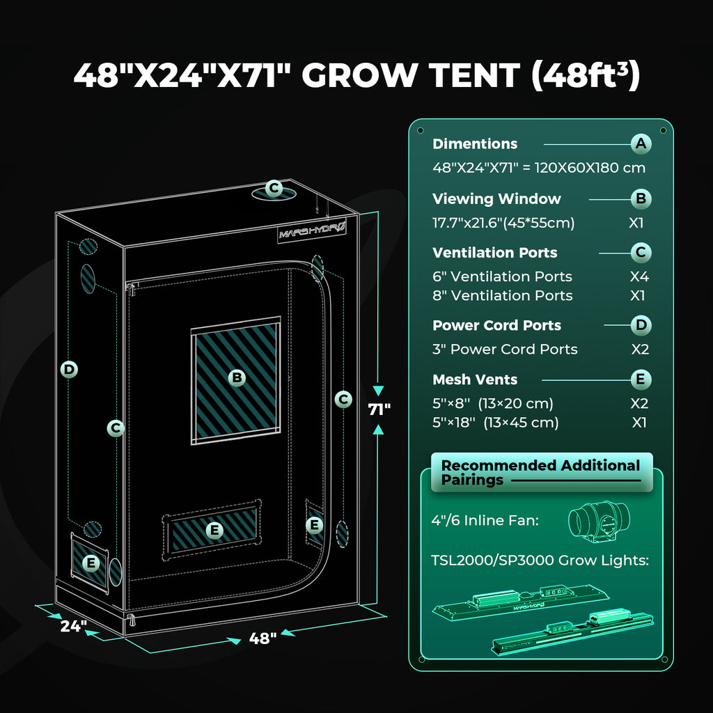 Mars Hydro grow tent pro in durable 2000D Oxford material — spacious design measuring 120x60x180cm for optimal plant growth