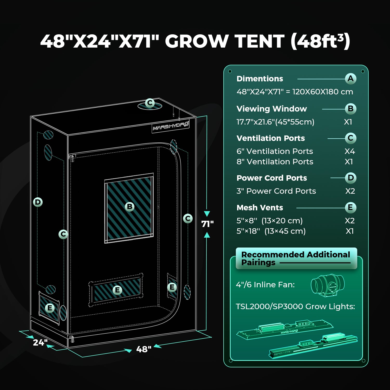 Mars Hydro grow tent pro in durable 2000D Oxford material — spacious design measuring 120x60x180cm for optimal plant growth