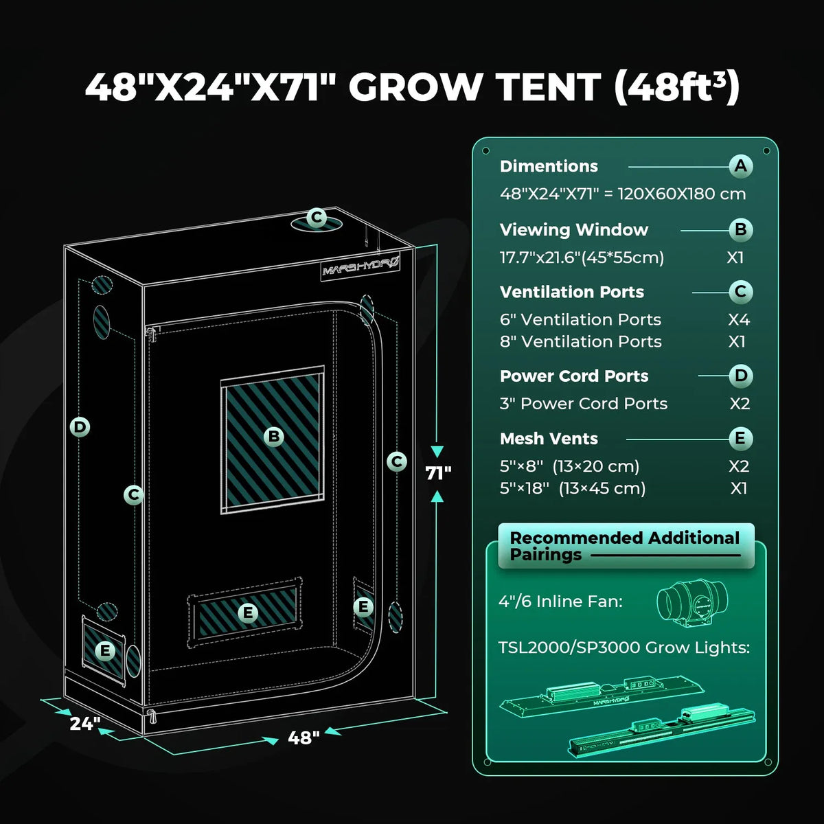 Mars Hydro 120x60x180cm Grow Tent Pro – 2000D Oxford - Eacygrow