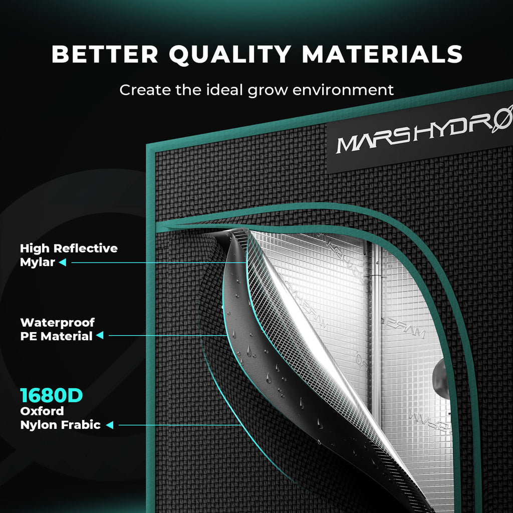 Mars Hydro grow tent with 1680D diamond mylar lining, showing waterproof PE material and high reflective interior