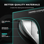 Mars Hydro grow tent with 1680D diamond mylar lining, showing waterproof PE material and high reflective interior