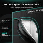 Mars Hydro grow tent with 1680D diamond mylar lining, showing waterproof PE material and high reflective interior
