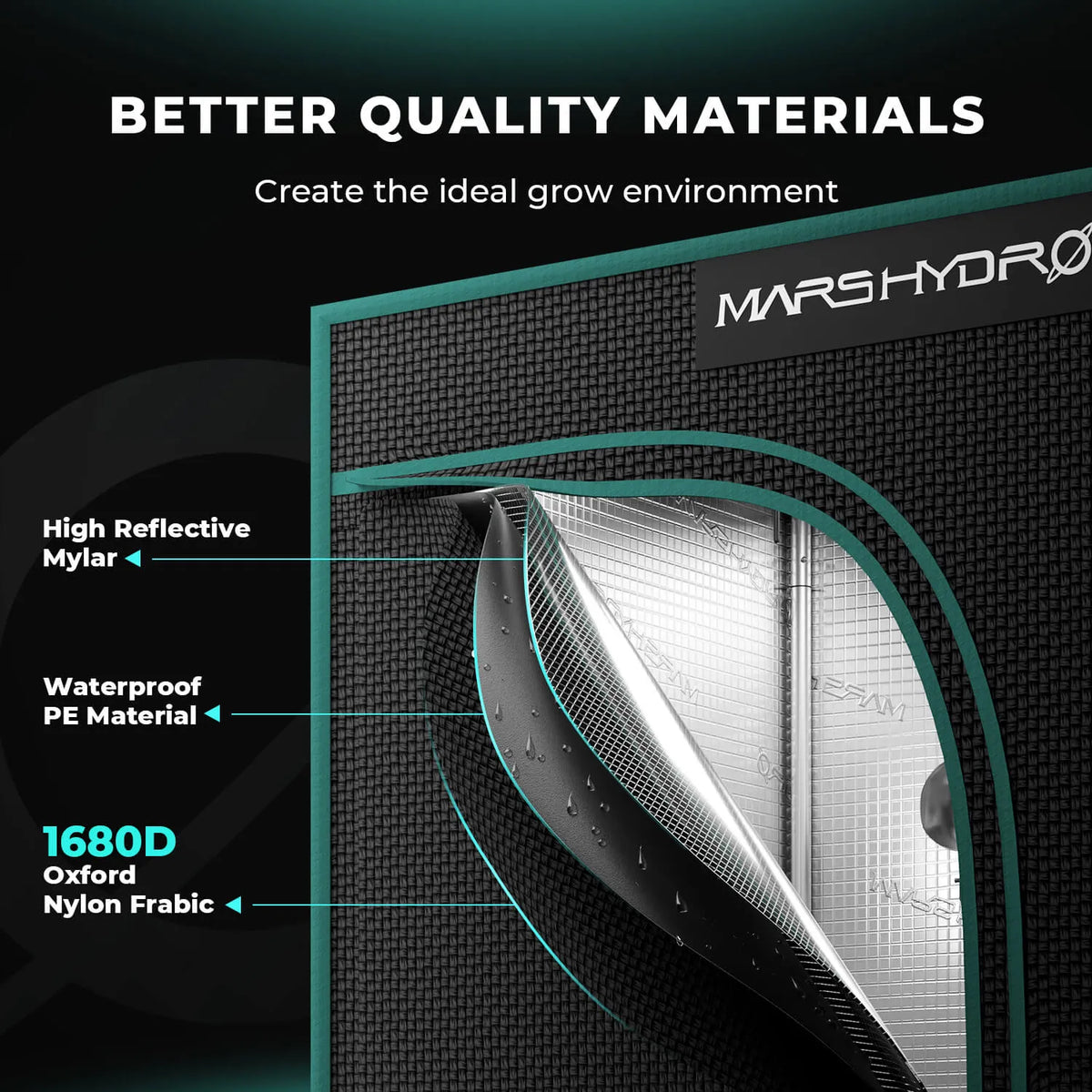 Mars Hydro grow tent with 1680D diamond mylar lining, showing waterproof PE material and high reflective interior