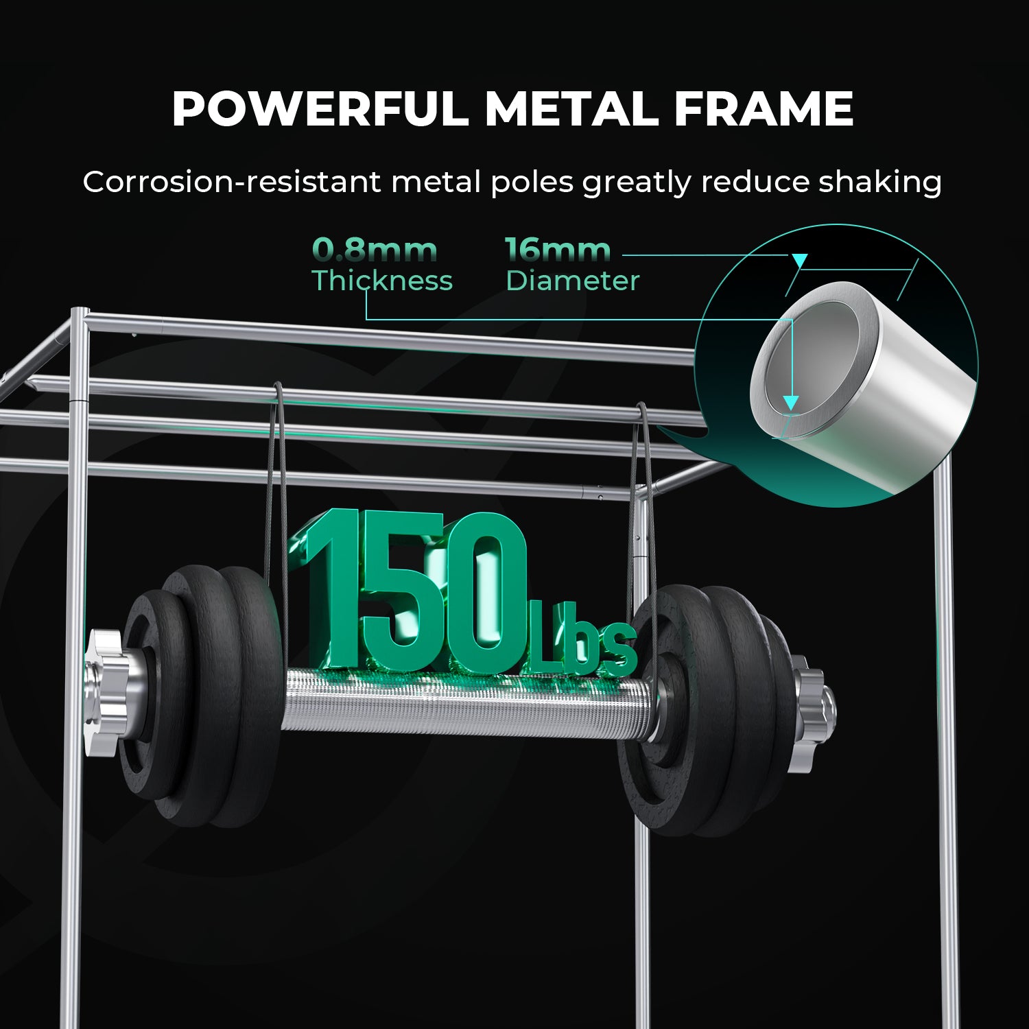 Sturdy Mars Hydro grow tent with a powerful metal frame featuring corrosion-resistant poles and a 16mm diameter for enhanced stability