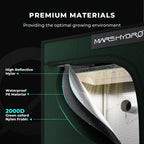 Mars Hydro grow tent in green with reflective 2000D fabric, showing waterproof PE material and duct opening