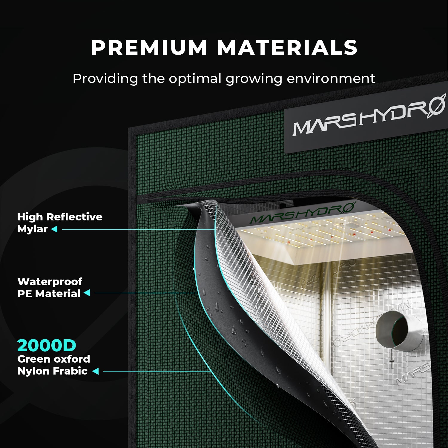 Mars Hydro grow tent in green with waterproof PE material, 2000D fabric and high reflective mylar lining
